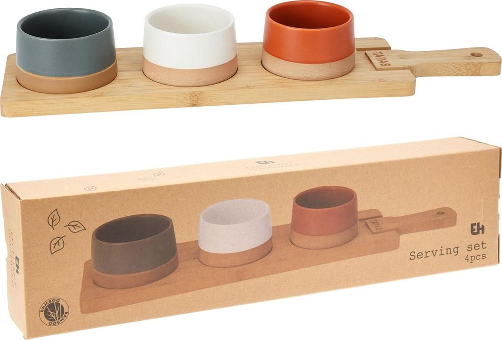 Excellent Houseware Bambusbrett mit 3 Tapas Schalen