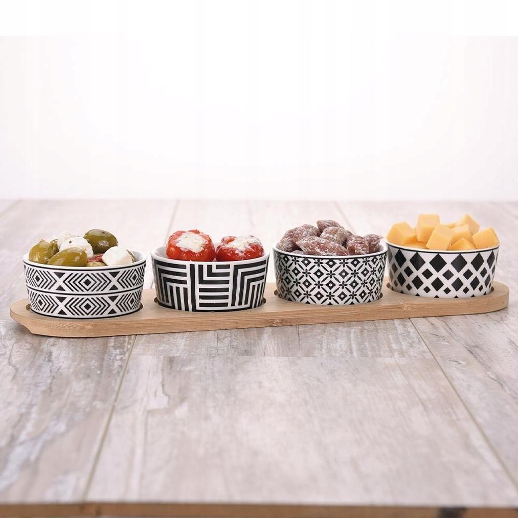 Excellent Houseware Bambustablett mit 4 Keramik Schalen