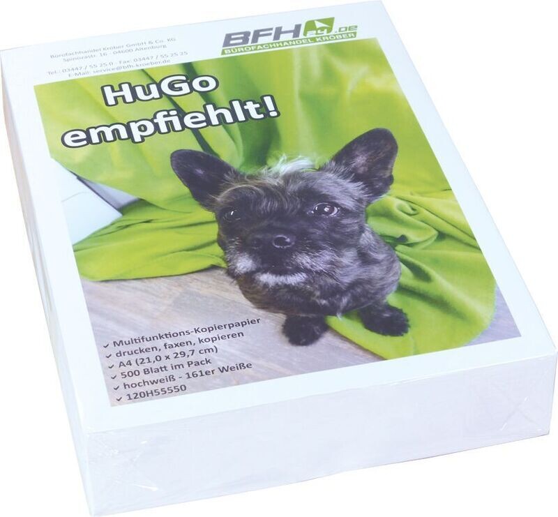 Multifunktions-Kopierpapier "HuGo empfiehlt"
DIN A4, 500 Blatt/Pack, hochweiß - 161er Weiße