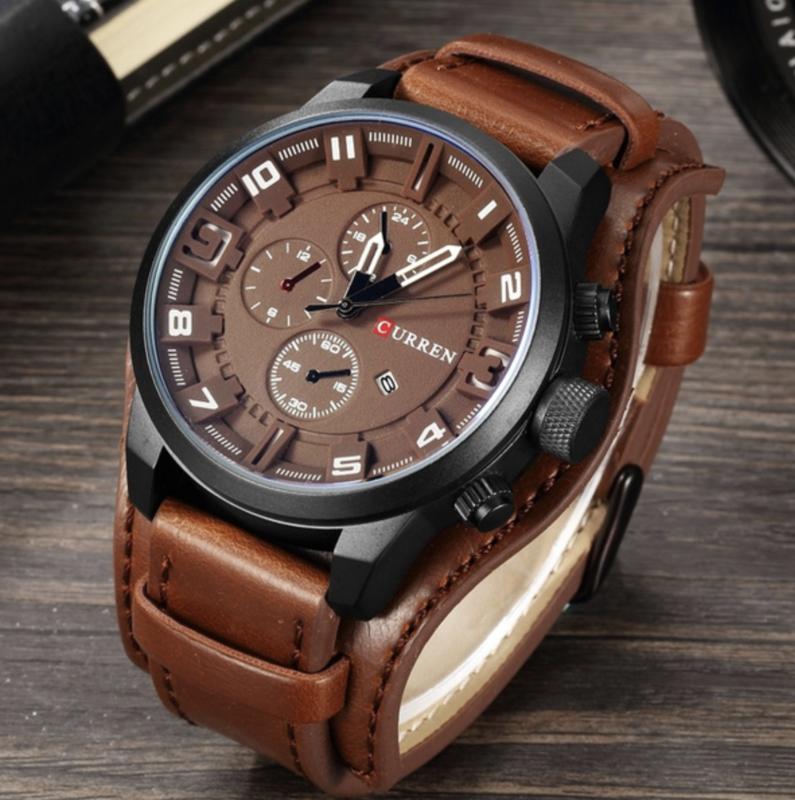 W Sports quartz-horloge met lederen band.