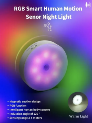 Led Inductie nachtlampje RGB en kleur wit, kastverlichting, USB oplaadbaar met sensor.