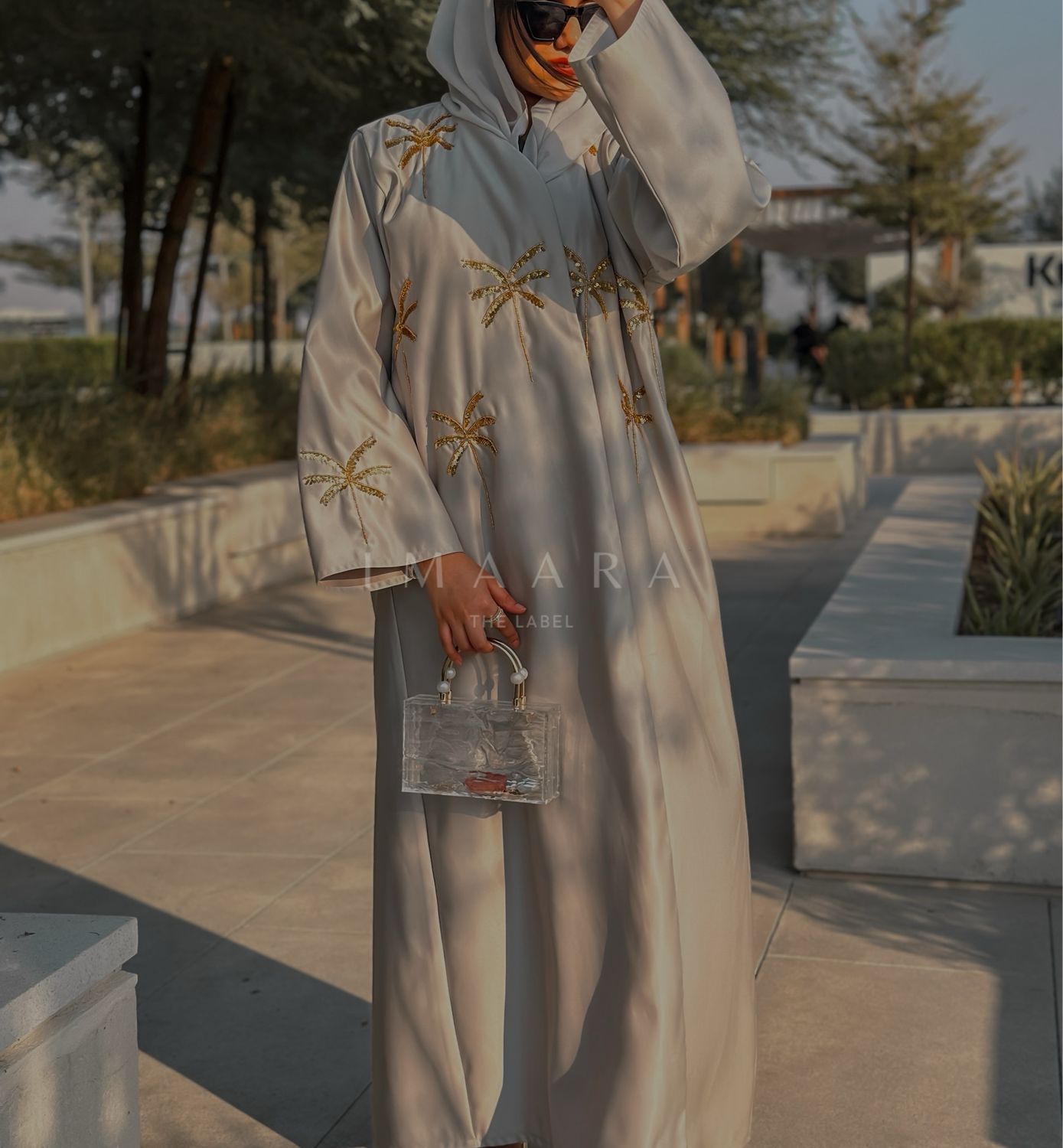 Palm Embellished Abaya - Nude