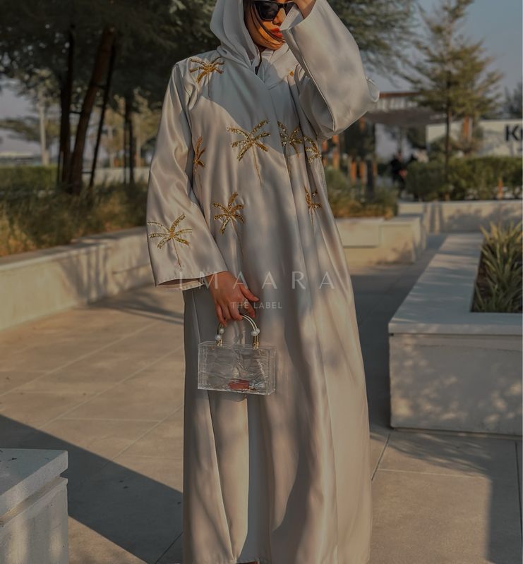 Palm Embellished Abaya - Nude
