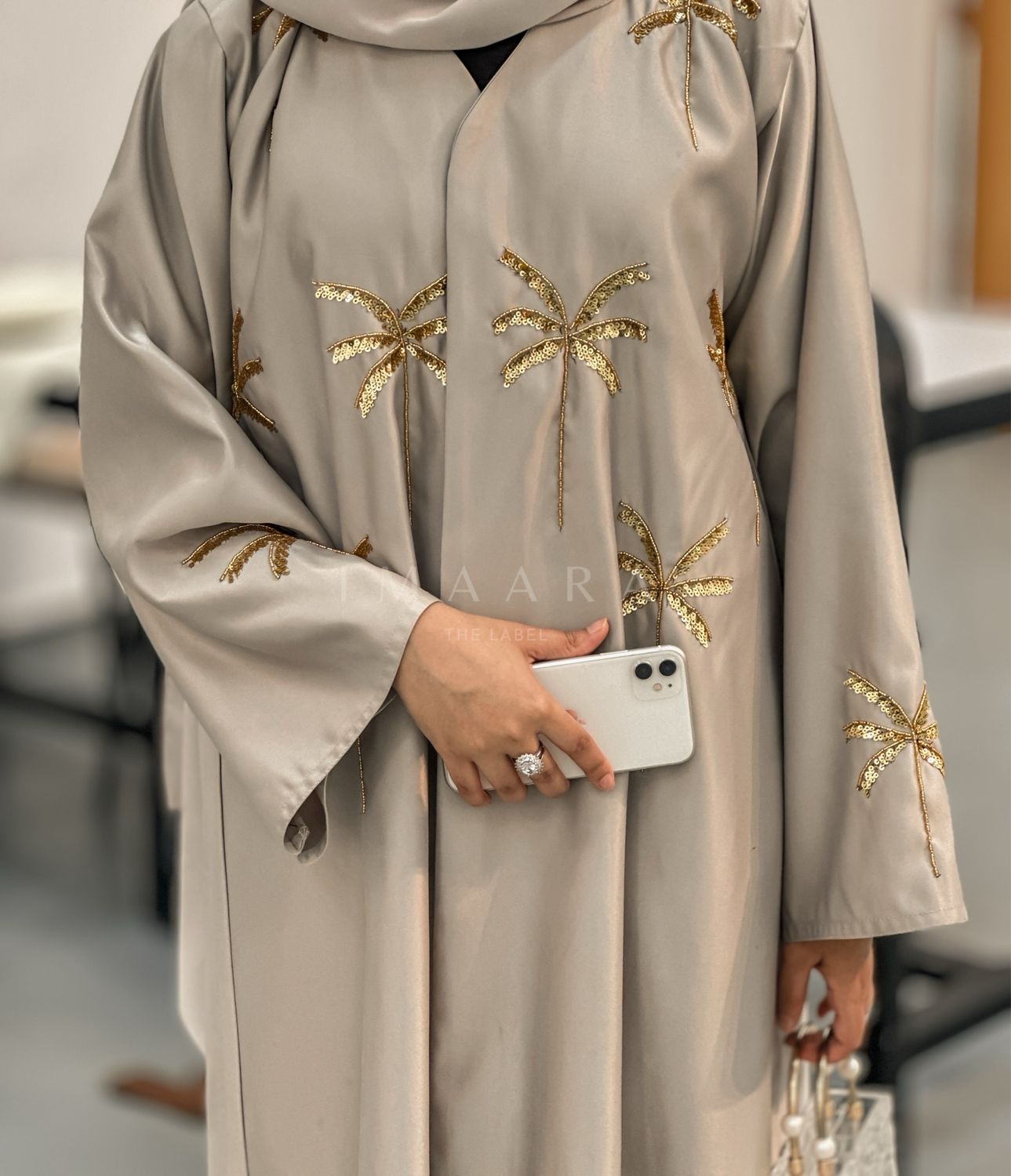 Palm Embellished Abaya - Nude