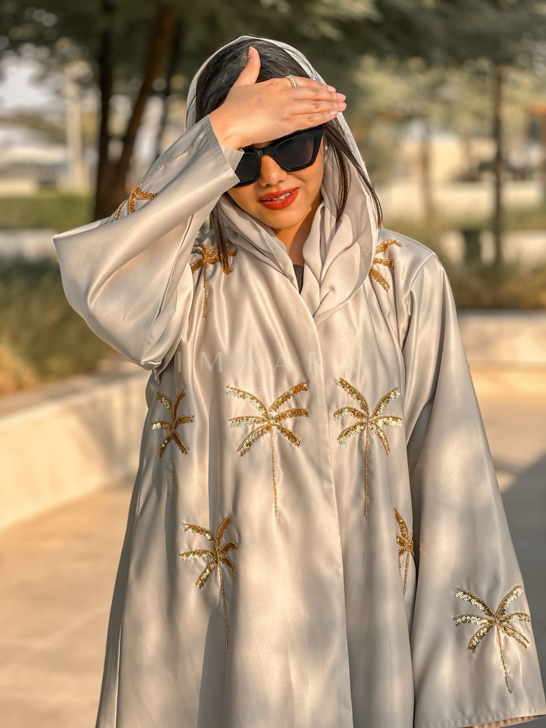 Palm Embellished Abaya - Nude