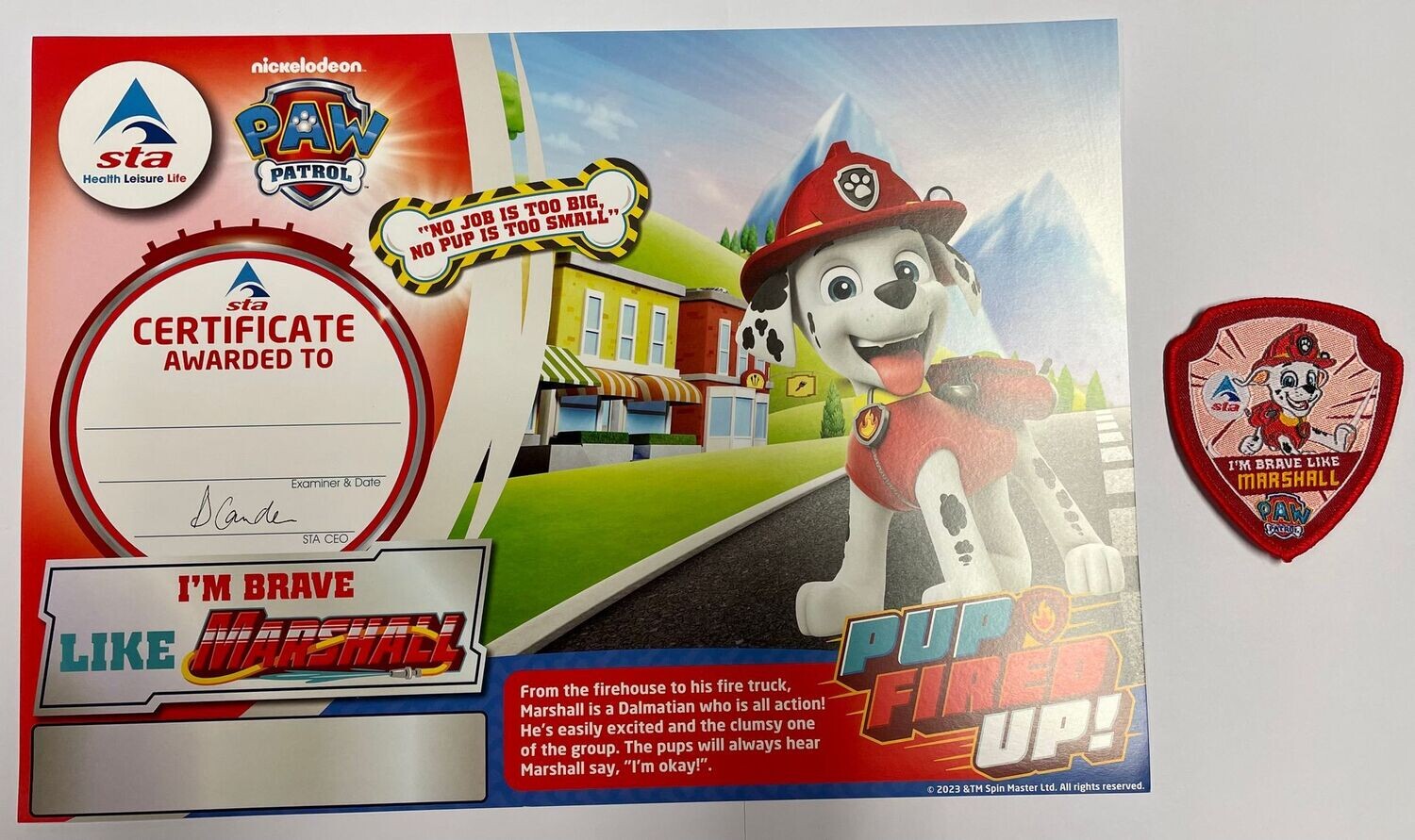 PAW Patrol "I'm Brave Like Marshall" Certificate and Badge