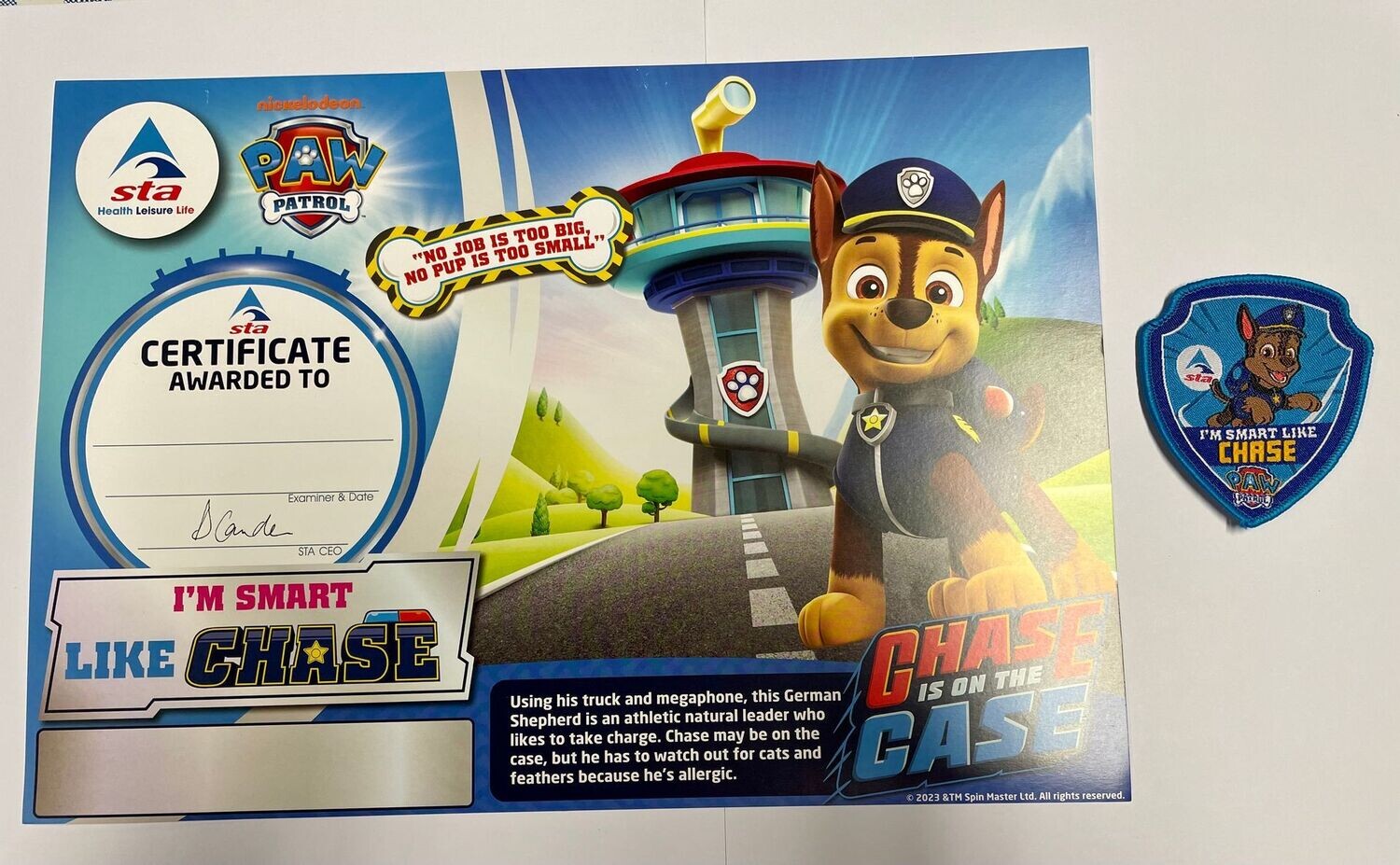 PAW Patrol "I'm Smart Like Chase" Certificate and Badge