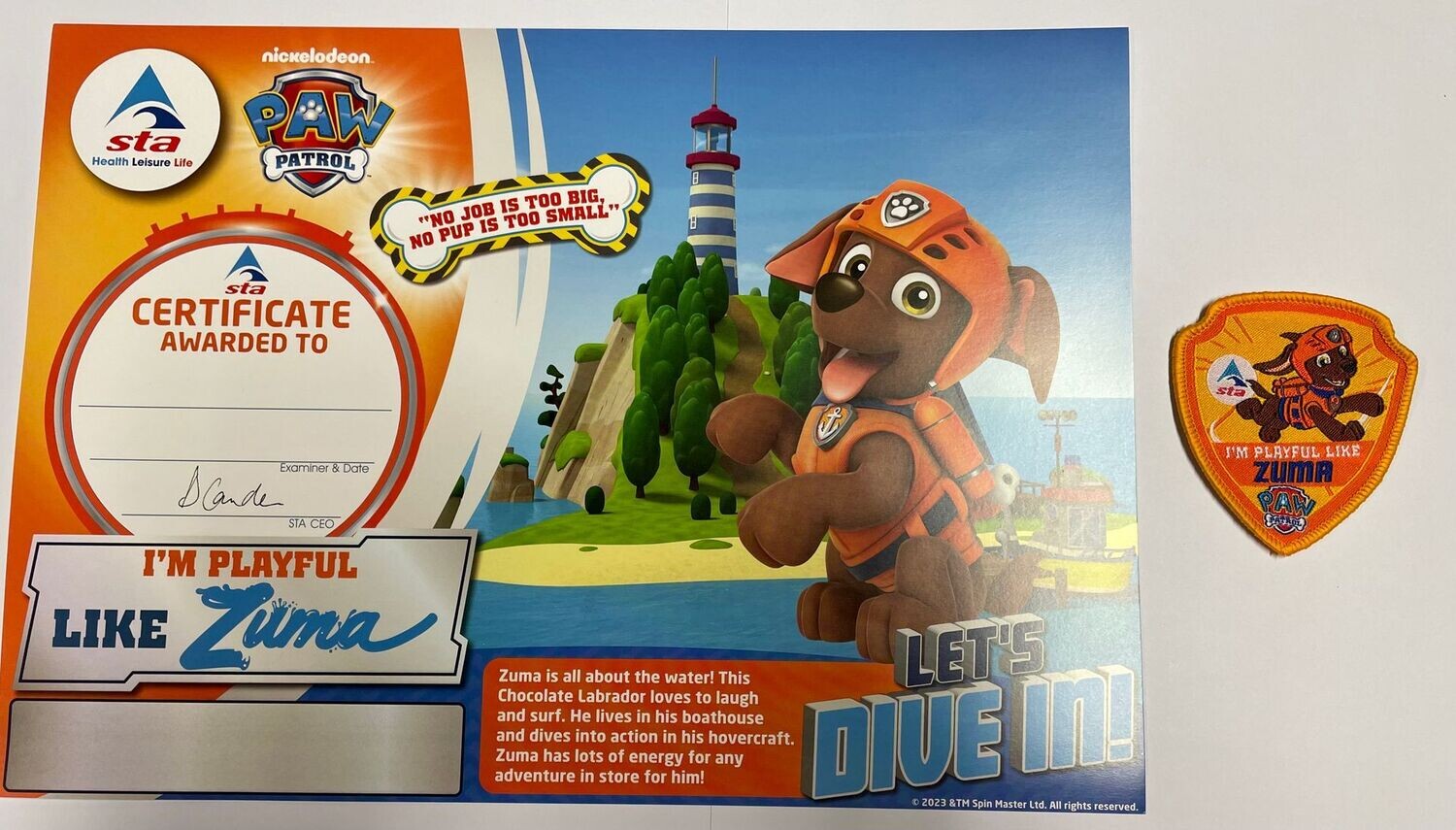PAW Patrol "I'm Playful Like Zuma" Certificate and Badge