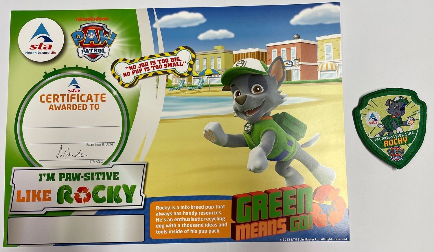 PAW Patrol "I'm Paw-Sitive Like Rocky" Certificate and Badge