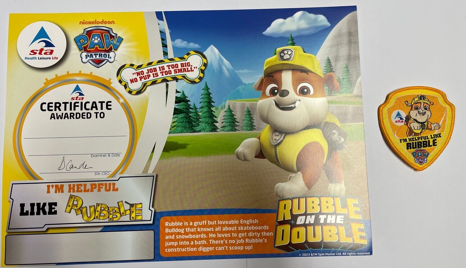 PAW Patrol "I'm Helpful Like Rubble" Certificate and Badge