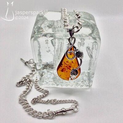 Antique Silver Watch Chains with Amber Fob Necklace