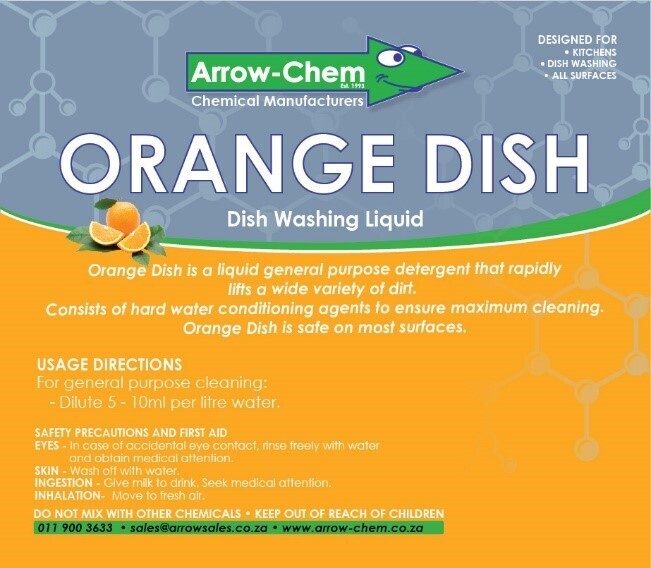 ORANGE DISH IS SAFE ON MOST SURFACES. DISHWASH LIQUID 25LT