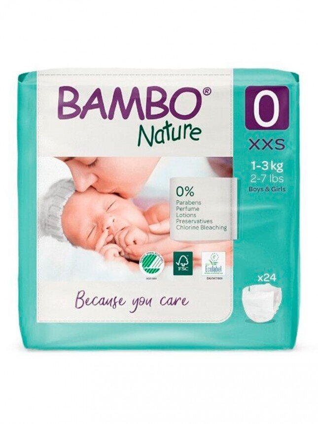 Fraldas Bambo Nature Prematuro Tamanho 0 (1-3Kg) 24 unidades