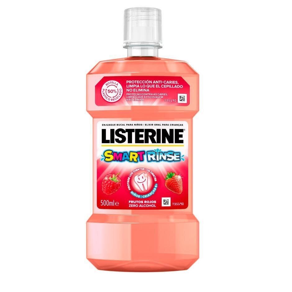 Listerine Elixir Smart Rinse Frutos Vermelhos 500ml: Enxágue bucal com flúor para crianças entre 6 e 12 anos, previne cáries, fortalece o esmalte e oferece sabor refrescante de frutos vermelhos sem álcool.