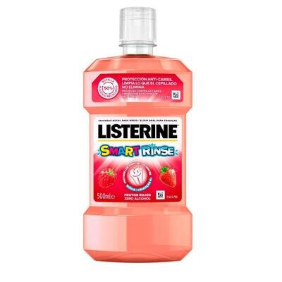 Listerine Elixir Smart Rinse Frutos Vermelhos 500ml: Enxágue bucal com flúor para crianças entre 6 e 12 anos, previne cáries, fortalece o esmalte e oferece sabor refrescante de frutos vermelhos sem álcool.