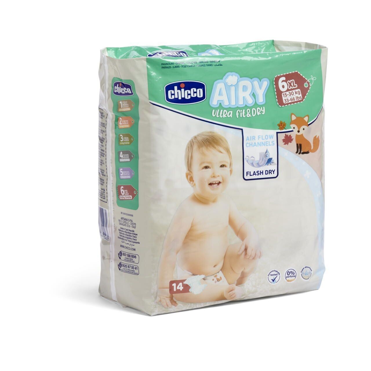Chicco | Fraldas Airy Ultra Fit&amp;Dry T6 15-30kg XL 14 uds