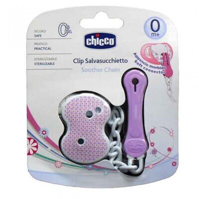 Imagem do Clipe Porta Chupeta Rosa da Chicco, com corrente rosa brilhante e clipe seguro.