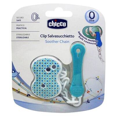 Imagem do Clipe Porta Chupeta Azul da Chicco, com corrente azul brilhante e clipe seguro.