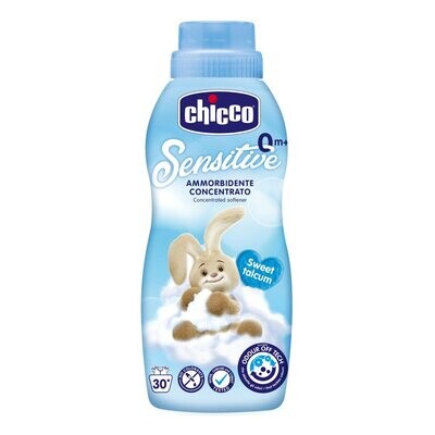 Frasco de 750ml do Amaciador Roupa Essência de Talco da Chicco, ideal para deixar as roupas do seu bebê macias e perfumadas.