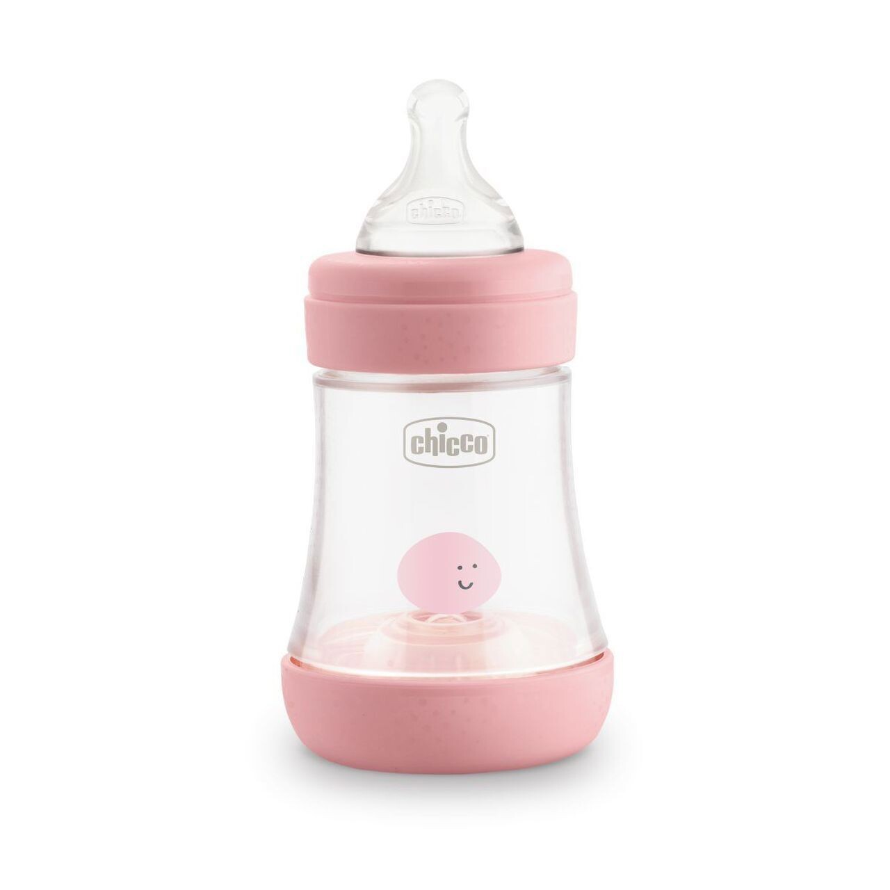 Imagem do Biberão Chicco Perfect 5 0M+ 150ml Rosa, com tetina fisio e membrana de equilíbrio.