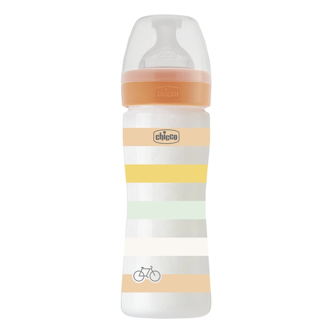 Imagem do Biberão Well Being 2m+ 250ml Laranja da Chicco, com tetina Physio em silicone macio.