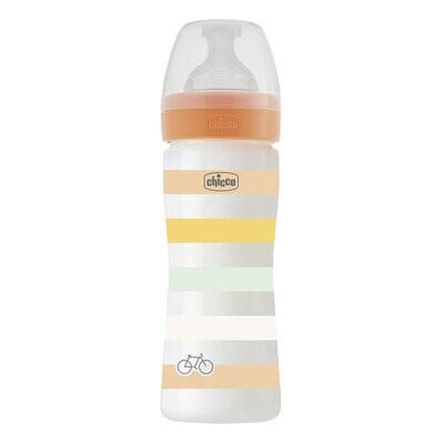 Imagem do Biberão Well Being 2m+ 250ml Laranja da Chicco, com tetina Physio em silicone macio.