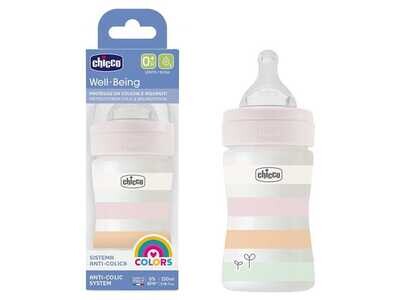 Imagem do Biberão Well Being Fluxo Normal Colors 150ml 0m+ Branco da Chicco, com tetina Physio em silicone macio.