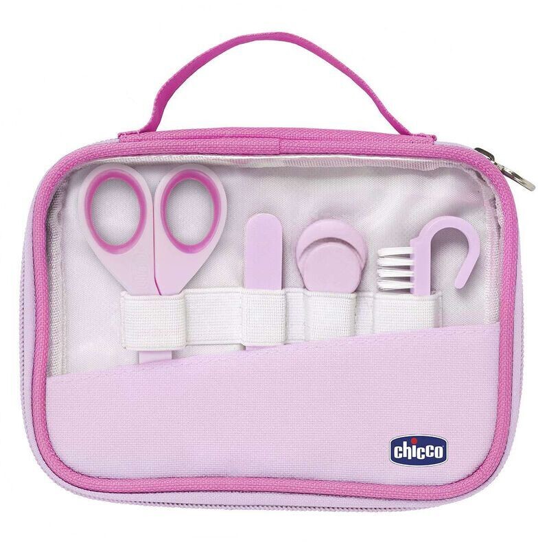 Imagem do Conjunto De Manicure Happy Hands - Rosa da Chicco, com bolsa portátil e quatro acessórios.