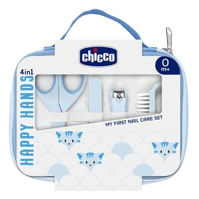 Imagem do Conjunto De Manicure Happy Hands - Azul da Chicco, com bolsa portátil e quatro acessórios.