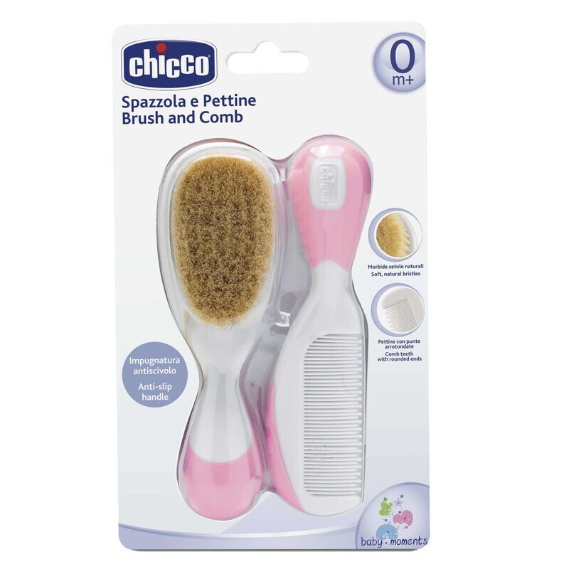 Chicco | Escova e Pente de Cerdas Naturais Rosa 0m+