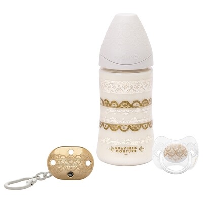 Suavinex | Conjunto 3P  Biberão 270ml + Chupeta 0-4m + Clip Premium - Cinza