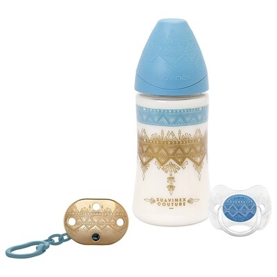 Suavinex | Conjunto 3P  Biberão 270ml + Chupeta 0-4m + Clip Premium - Azul