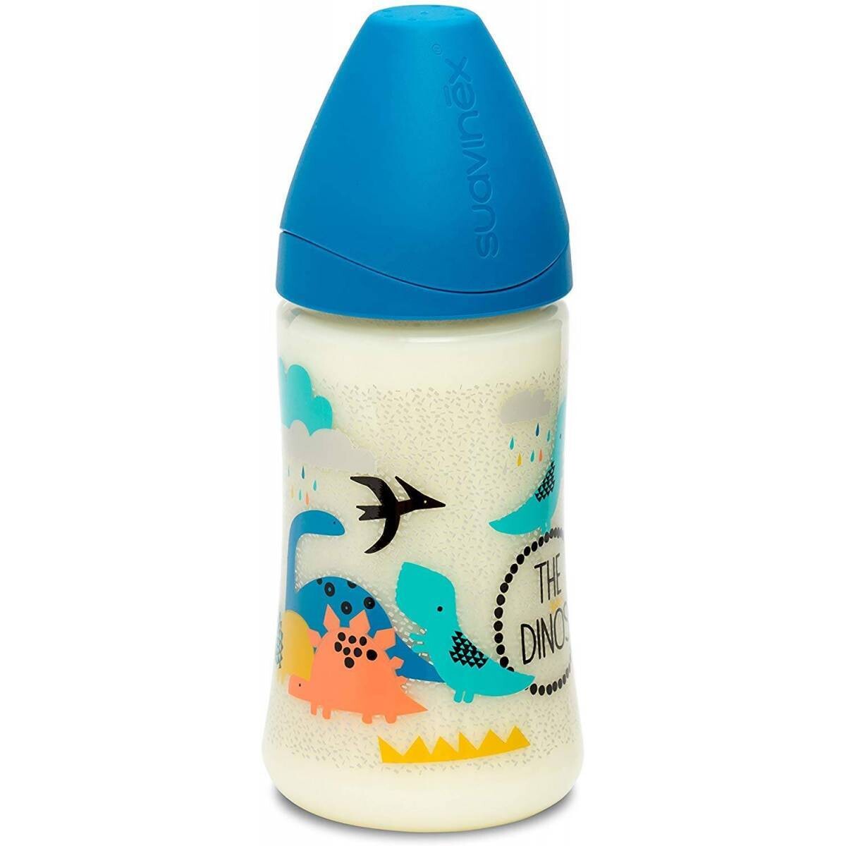 Suavinex | Biberão Tetina Redonda Silicone Anti-Cólicas 360ml +4M Dinossauro Azul