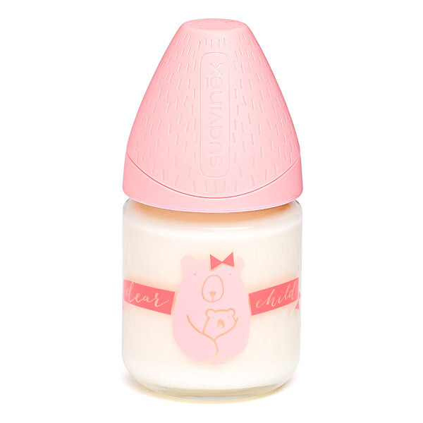Mamadeira de vidro Suavinex Meaningful Life de 120ml na cor rosa, com design ergonómico e tetina redonda, ideal para uma alimentação natural e confortável do bebê.