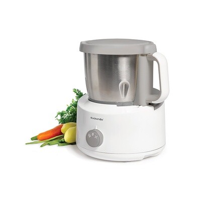 Robô de Cozinha Suavinex de cor branca com design moderno e multifuncional, ideal para preparar refeições saudáveis ​​para o seu bebê com rapidez e praticidade.