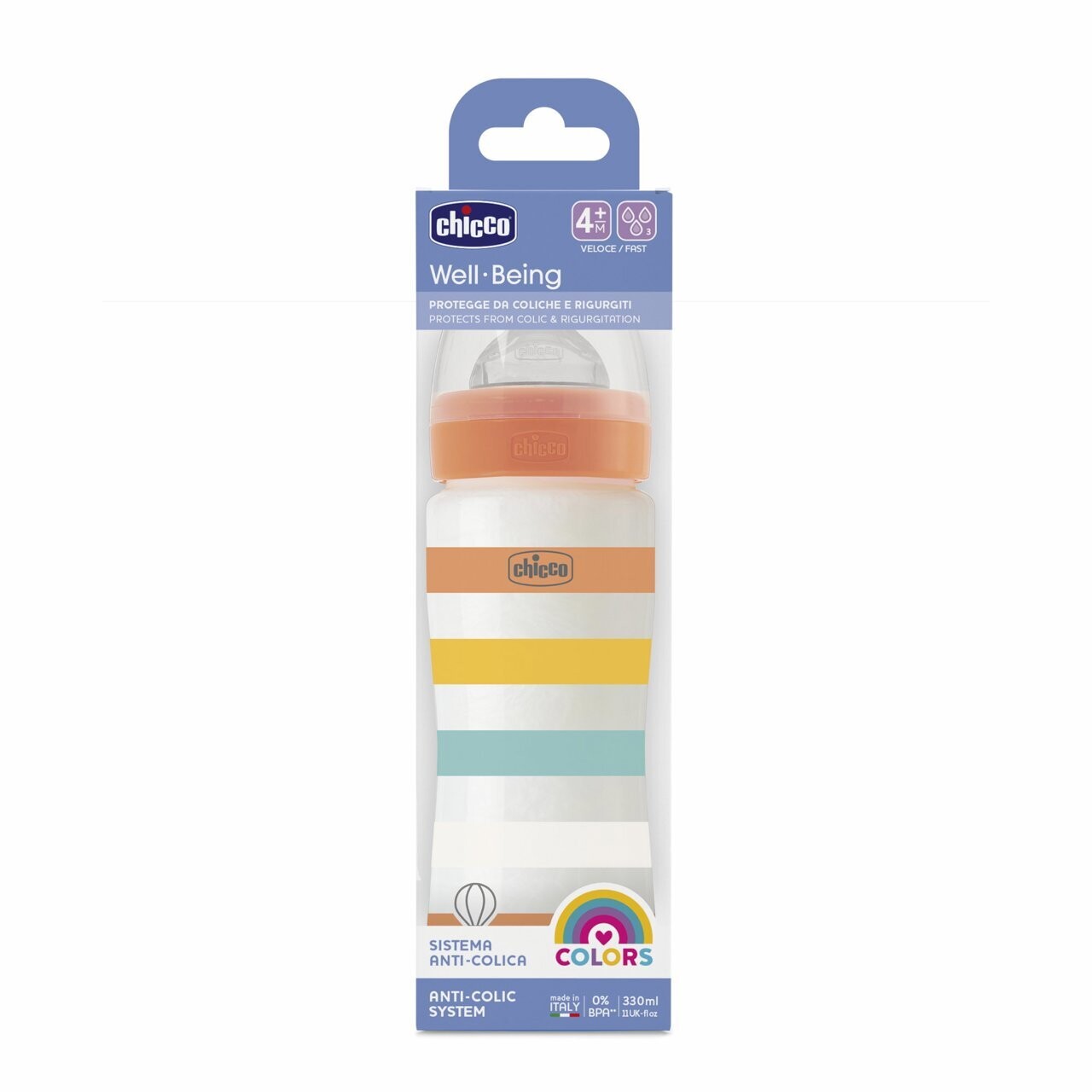 Imagem do Biberão Well-Being Laranja 4M+ 330ml Fluxo Rápido Plástico da Chicco, com tetina Physio em silicone macio.