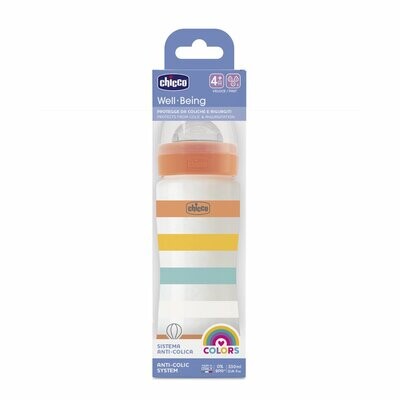 Imagem do Biberão Well-Being Laranja 4M+ 330ml Fluxo Rápido Plástico da Chicco, com tetina Physio em silicone macio.