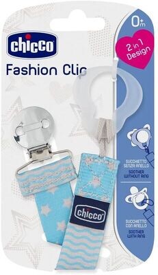Imagem do Clip Chupeta Azul 0M+ Tecido da Chicco, com design 2 em 1 e sistema de fixação fácil.