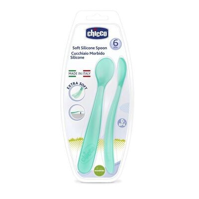 Imagem das Colheres de Silicone Azul 6M+ 2 Unidades da Chicco, com pontas macias e cabo ergonômico.