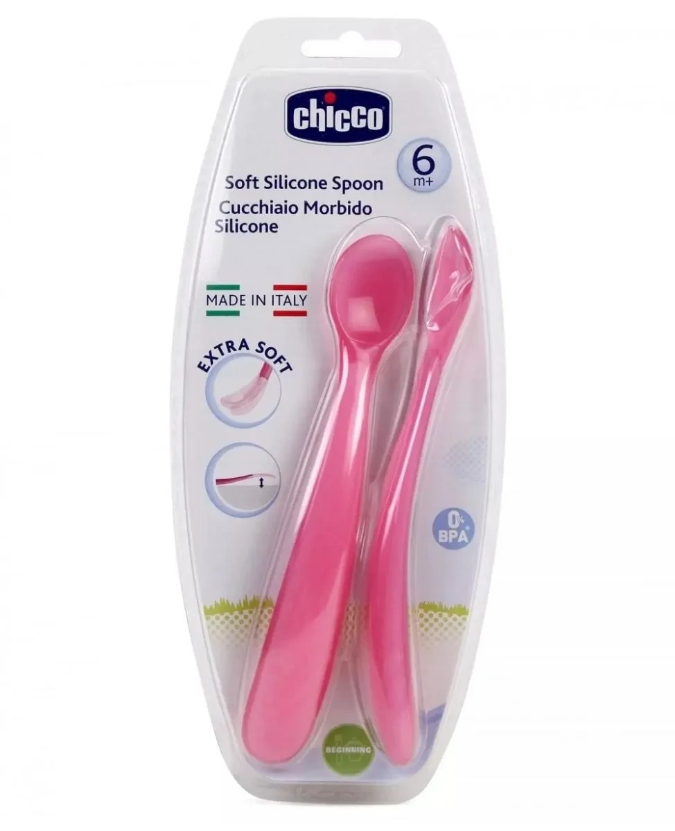 Imagem das Colheres de Silicone Azul 6M+ 2 Unidades da Chicco, com pontas macias e cabo ergonômico.