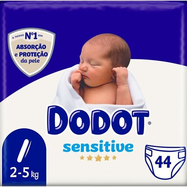 Dodot Fralda Sensitive T1 (2-5Kg) 44 Unidades: Fraldas macias, respiráveis e dermatologicamente testadas para o conforto do seu bebê.