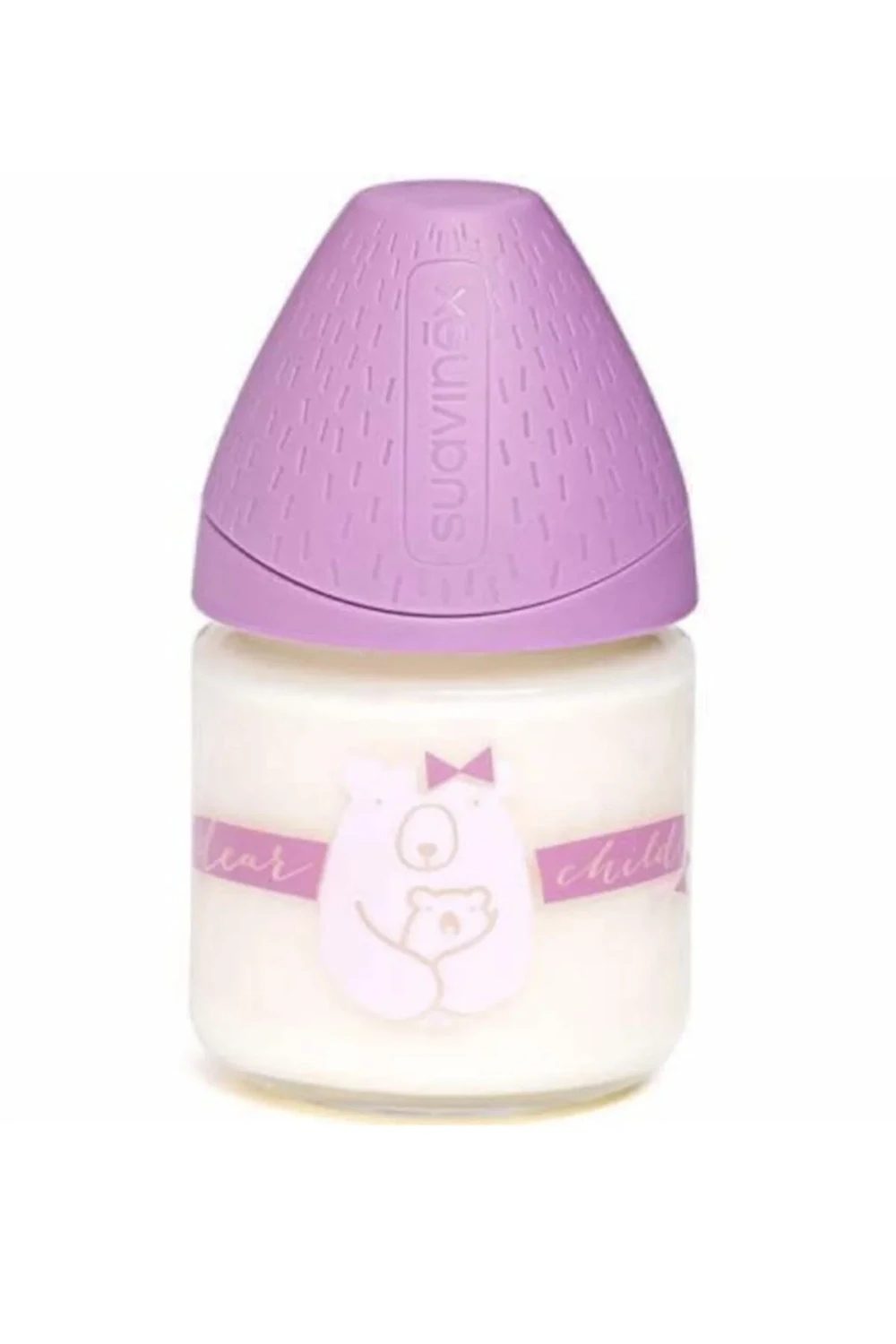 Biberão de vidro Suavinex de 120ml com boca larga e tetina de silicone, ideal para bebês de 0 a 6 meses.