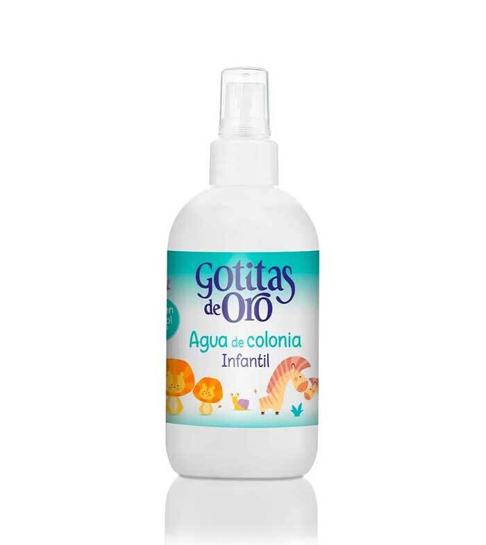 Frasco de 250ml da Água de Colônia Infantil Gotitas De Oro do Instituto Español, com um design clássico e atemporal.