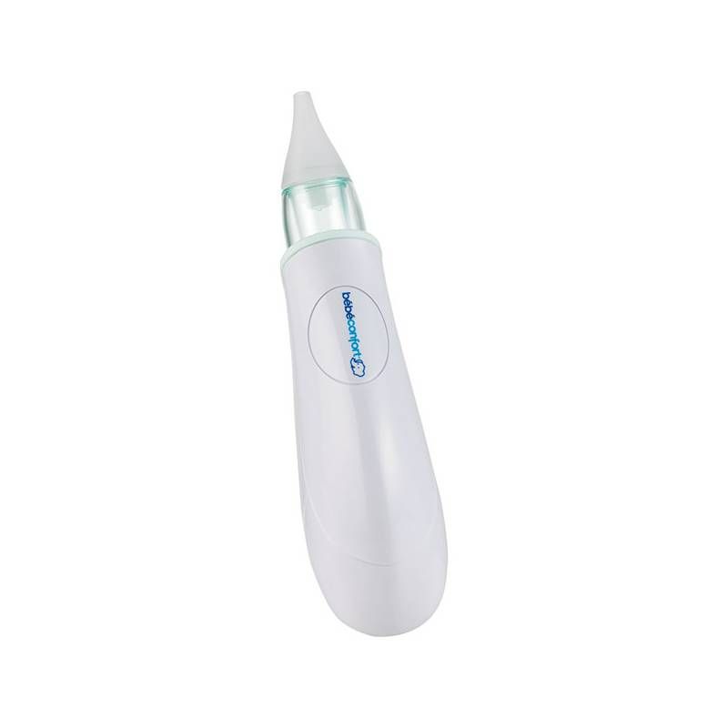  Aspirador nasal elétrico Bébé Confort aberto mostrando as pontas de silicone e o compartimento de pilhas.
