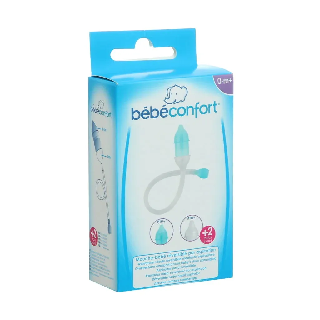 Aspirador nasal reversível Bébé Confort aberto mostrando o sistema de sucção reversível e as pontas de silicone.