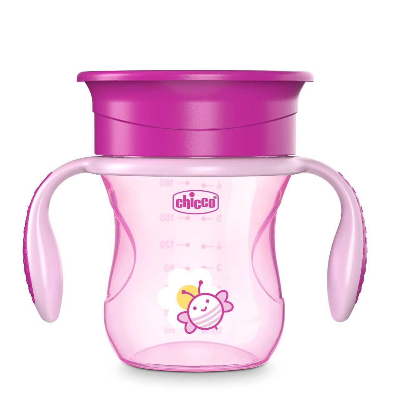 Imagem do Copo de Treinamento Perfect Cup 360º 12m+ Rosa Chicco mostrando o copo em diferentes ângulos, com a tampa aberta e fechada, e com a criança bebendo nele.