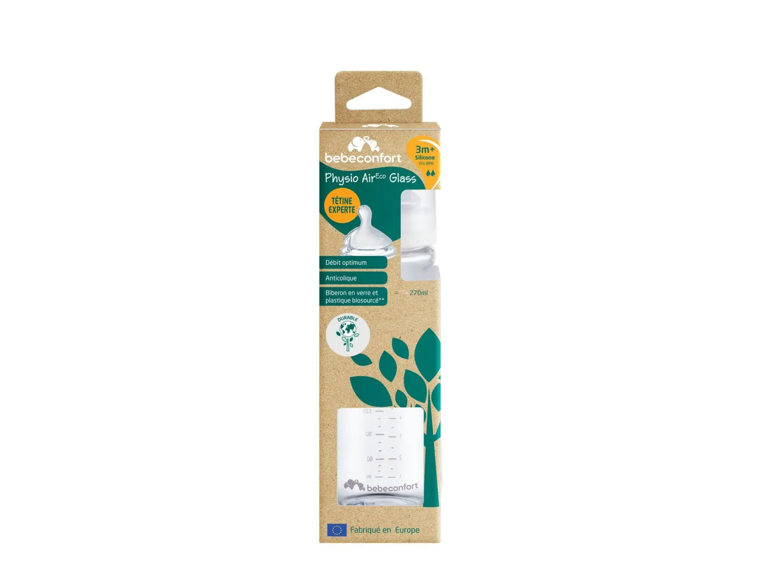 Biberão de Vidro Bébé Confort Physio Air Eco 270ml: Design ergonómico, tetina Physio Air+ para sucção natural e sistema anti-cólicas para o conforto do seu bebé.