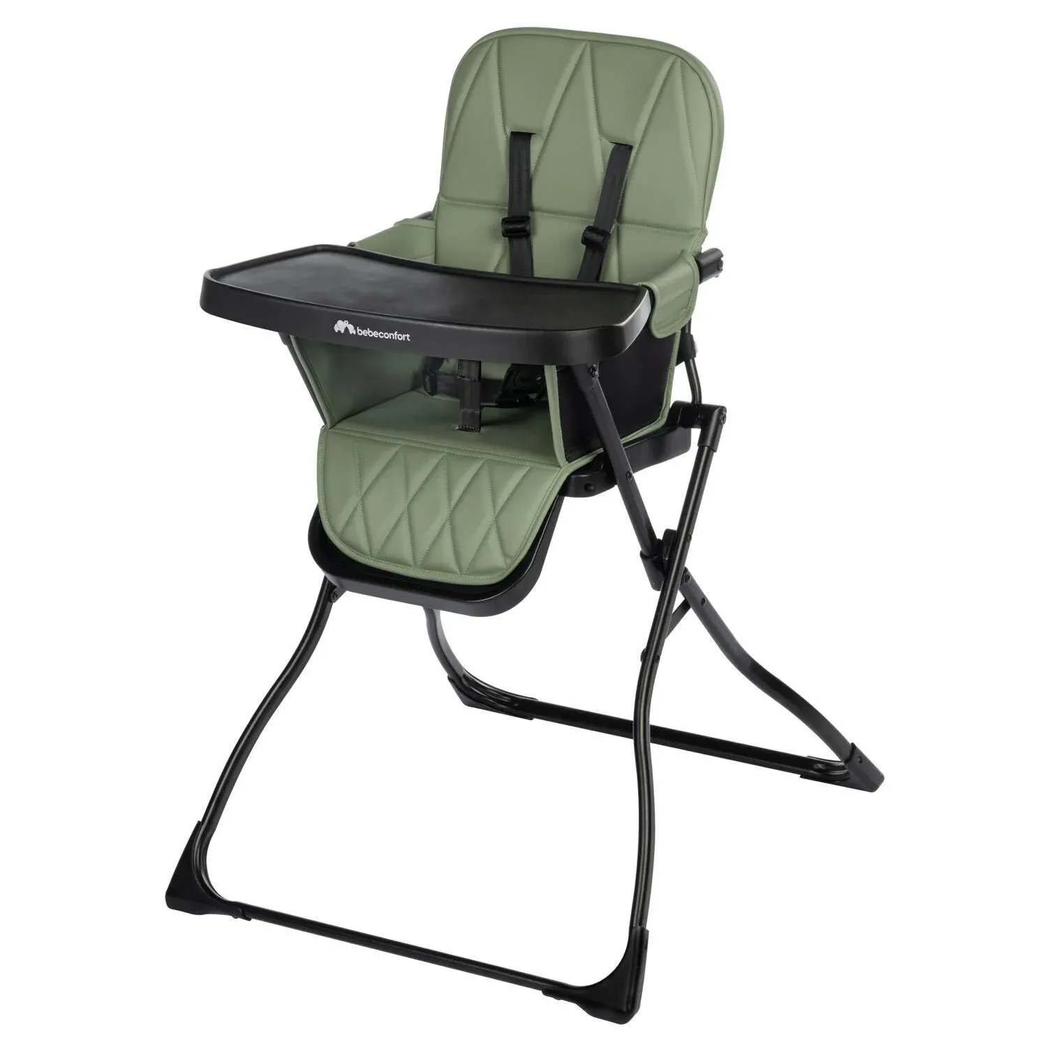  Cadeira de Refeição Bébé Confort Lily Mineral Green: Design compacto e dobrável, com 3 posições de reclinação e bandeja amovível para facilitar a limpeza.