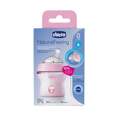 Imagem do Biberão Plástico Natural Feeling Rosa 0M+ 150ml da Chicco, com tetina macia e imitação do seio materno.