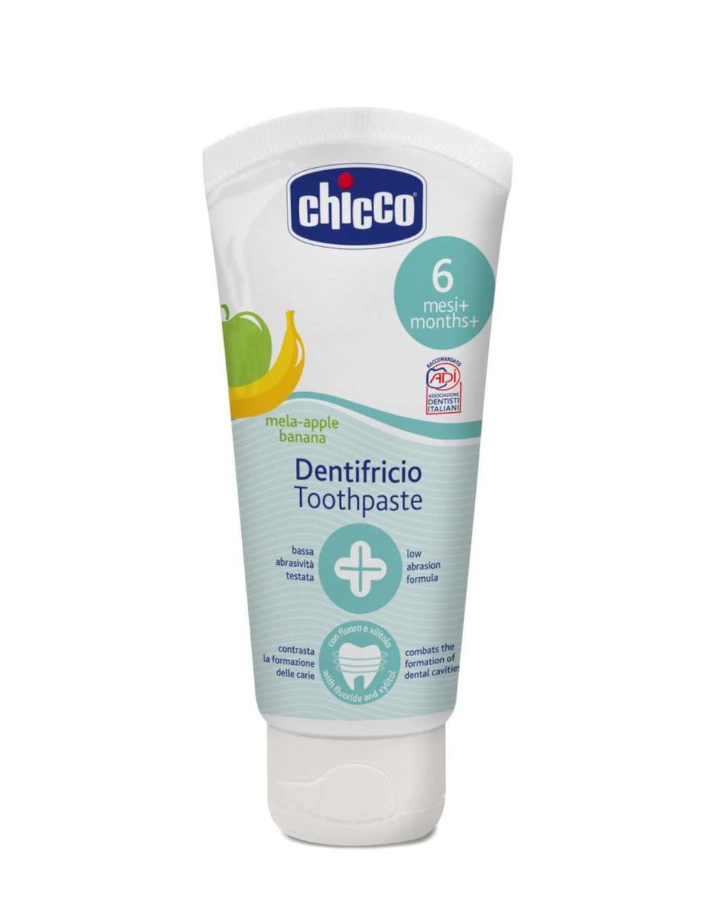 Pasta de Dentes Chicco Maçã e Banana 50ml: Fórmula suave com xilitol e sabor a maçã e banana para a higiene oral segura e agradável do seu bebé a partir dos 12 meses.